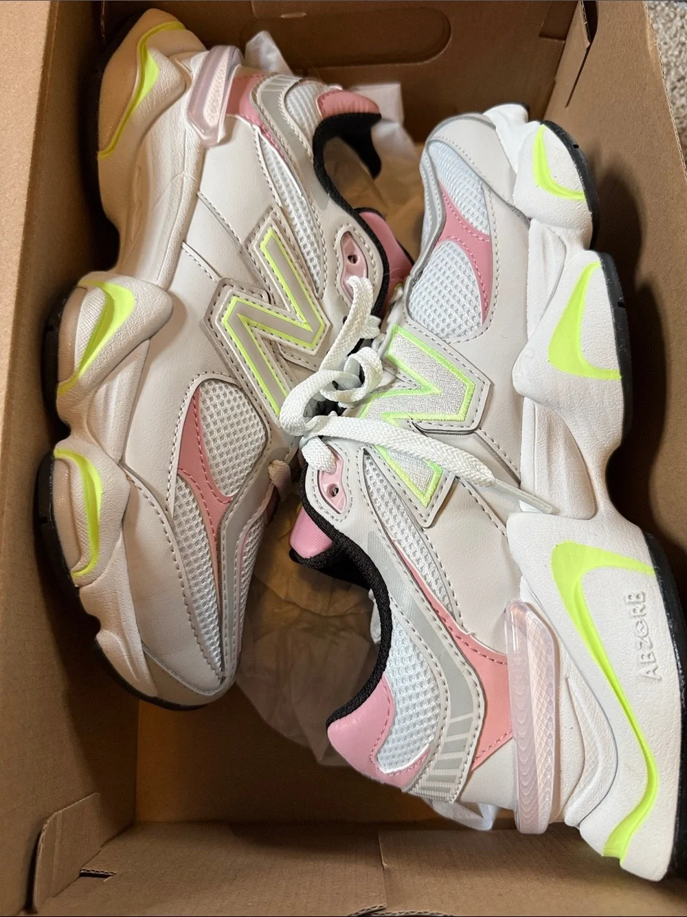 New Balance 9060 Women's White, Pink & Neon Athletic Sneakers 7.5